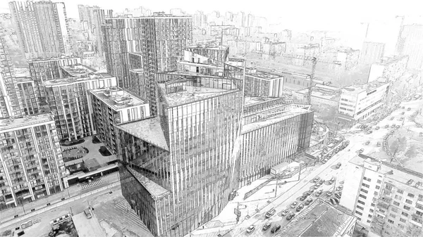 Architektura Města Kyjeva Tvořena Kresbou Tužkou Obchodní Centrum Budova Ukrajina — Stock fotografie