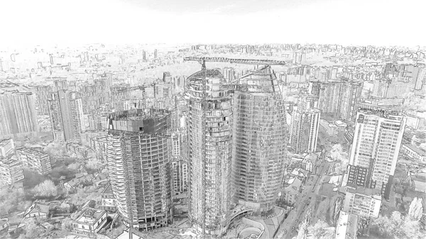 Kyiv şehrinin mimarisi bir kalem çizimiyle yapılır. İş merkezi, bina. Ukrayna, iş kavramı