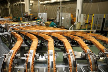Büyük bisküvi fabrikası. Büyük bir fabrikada bir sıra bisküvi. Makinede kraker paketliyorum. Yenilikçi üretim