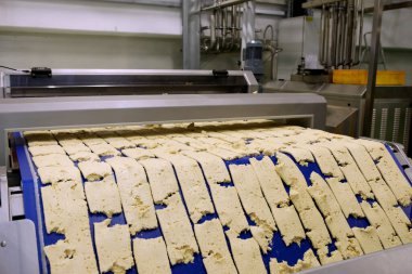 Dough cutting line for biscuits. The latest biscuit production line. Large biscuit factory