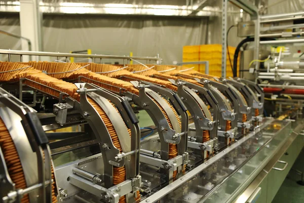 A lot of cookies on the production line. The flow of sweets before packaging. Packing crackers on the machine. Innovative production