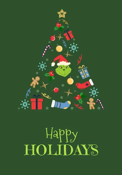Grinch Holidays Green Card Christmas Illustration — Stock Vector