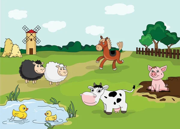Pueblo Granja Animales Dibujos Animados Lindo Personaje Ilustración Niños Bebé — Vector de stock