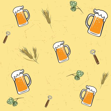 Bira, barın kusursuz desenli siyah sarı bira bardağı bira bardağı bira fabrikası temalı illüstrasyon desenleri çizer.