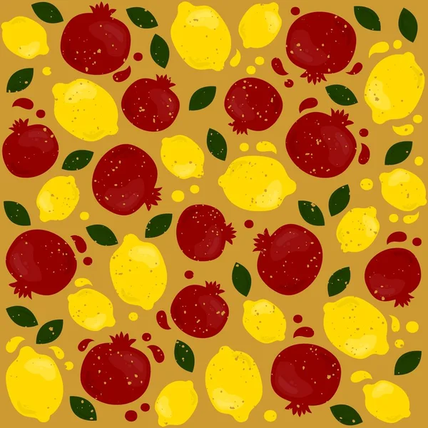 Vektornahtloses Muster Mit Zitrone Und Granatapfel Warmen Farben Vorlage Für — Stockvektor