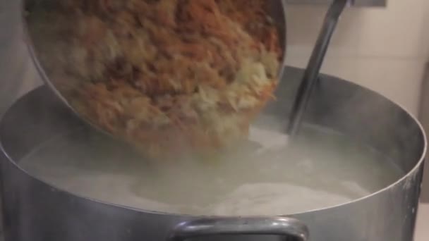Frau Rührt Reis Und Karotte Mit Löffel Auf Küchenherd Hause — Stockvideo