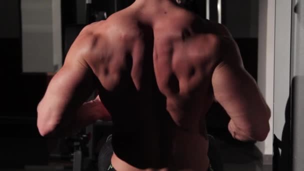Joven Atleta Masculino Guapo Sacude Los Músculos Espalda — Vídeos de Stock