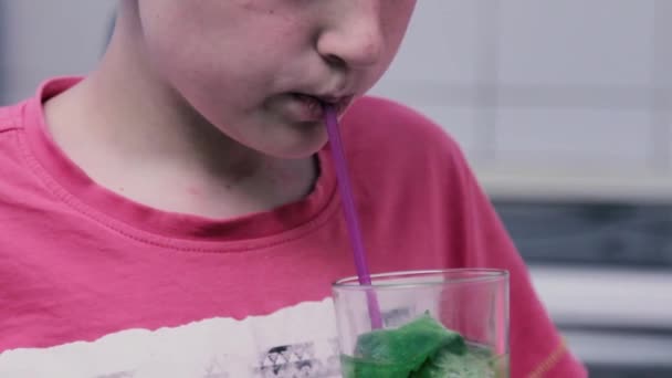 Ребенок Пьет Свежий Лимонад Зелеными Листьями Мяты Используя Солому Рука — стоковое видео