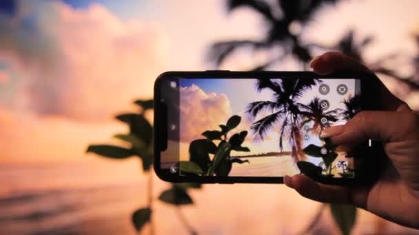 Dziewczyna Fotografuje Zachód Słońca Plaży Otoczony Falami Palmami — Wideo stockowe