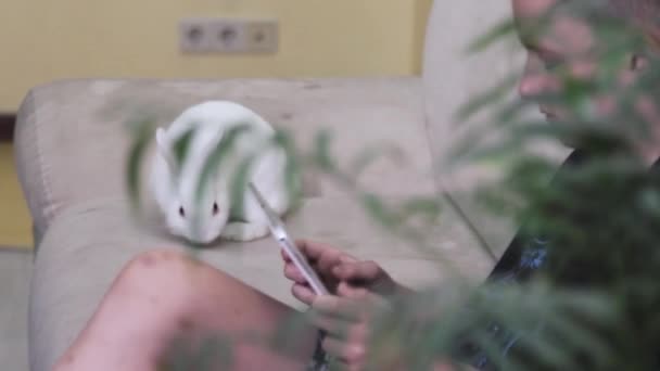 Νεαρός Που Εργάζεται Για Την Ταμπλέτα Στο Διαμέρισμα Κάθεται Στο — Αρχείο Βίντεο