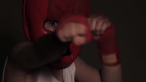 Young Guy Boxer Red Protective Helmet Posing Camera Close Bandages — 비디오