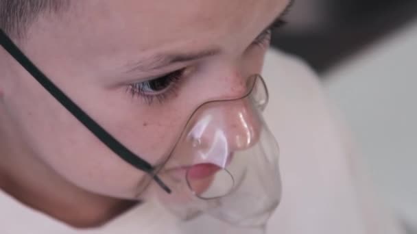 Child Breathes Inhaler Sitting Chair Doctor Office Close Face — Vídeos de Stock