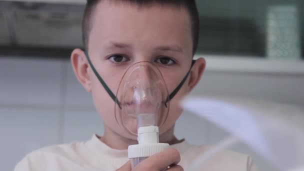 Young Guy Breathes Inhaler Treat Cold Face Close — Stockvideo