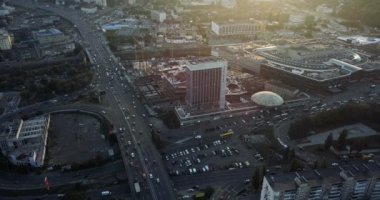 Aerial view of a large monopolis, Kyiv city, city roads