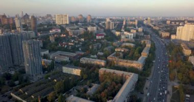 Aerial view of a large monopolis, Kyiv city, city roads