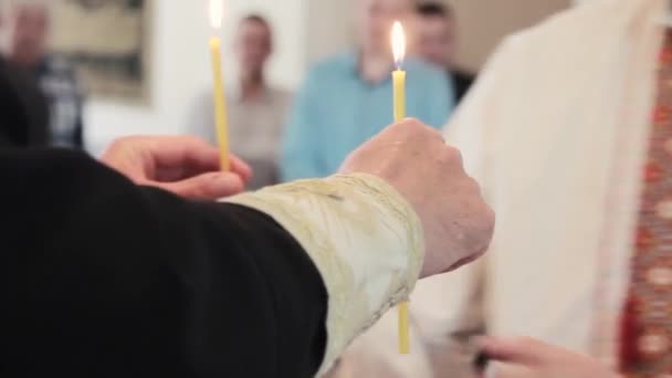 Man Holds Two Candles Temple Traditional Ukrainian Dress Christening Hands — Stock Video