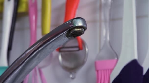 Tap Water Flowing Sink Kitchen Faucet Water Pouring Close — Video