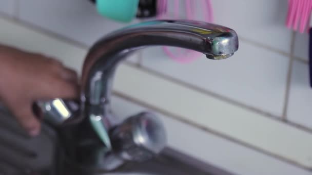 Hand Opens Faucet Water Kitchen — Vídeos de Stock