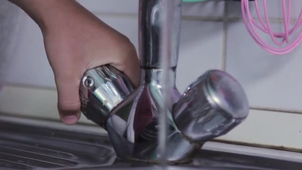 Boy Hand Turns Water Tap Kitchen Closeup Plane — Stock videók