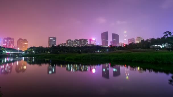 Night Chinese City Bright Lights Buildings Reflection City Water Timelapse — Wideo stockowe