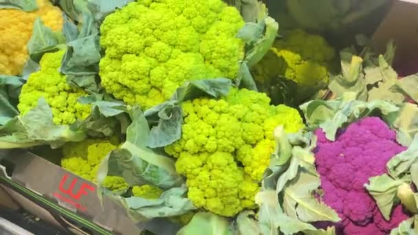 Man Store Chooses Beautiful Broccoli Cauliflower Refrigerator — Stock Video