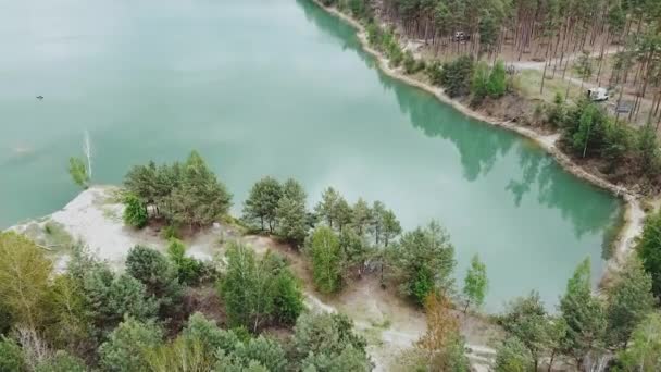 Vista aérea da floresta de pinheiros do lago no fundo. Lago verão paisagem natural com floresta de pinheiros. Natureza da Ucrânia, aérea sobre belo lago com água limpa. — Vídeo de Stock