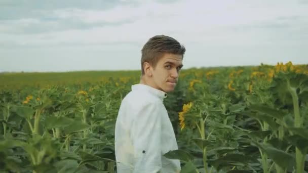 Tipo caminha em um campo de girassóis, verão tempo nublado. Retrato de um cara posando para a câmera — Vídeo de Stock