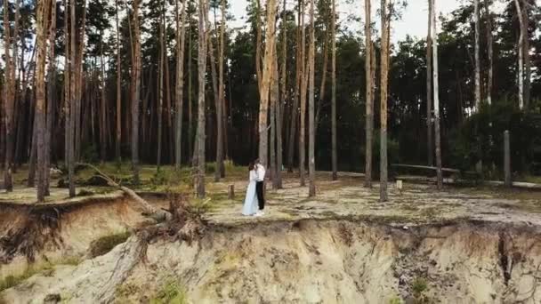 カップルの愛の崖の空中ビューの端に抱擁では カップルが互いの目を閉じて反対側に立って 松林の背景にあります 高品質4K映像 — ストック動画
