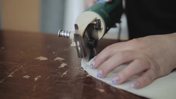 Een Vrouwelijke Arbeider Die Schuimrubber Snijdt Voor Productie Van Een — Stockvideo