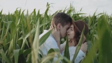 Mısır tarlasında güzel bir çift. Vurulan çiftin çiftlikleri kucaklaması ve öpmesi. Kafkasyalı kadın erkekleri kollarında kapalı gözlerle tutuyor. Tarih, aşk ve yaşam tarzı konsepti. 4k