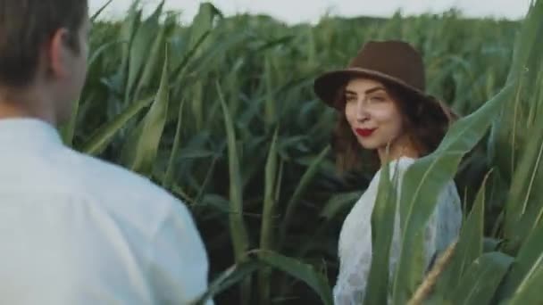 トウモロコシ畑でカップルを愛しています 茶色い帽子に身を包んだ若い女性の写真を見て 愛と幸福の概念 高品質4K映像 — ストック動画