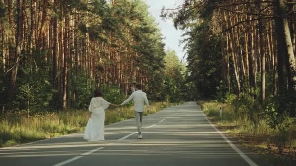 美しい場所での愛の散歩でヒップスターカップルは 手を握り 男と女が抱き合って 絵のように松の森を渡って空の道で一緒に楽しむ 高品質4K映像 — ストック動画