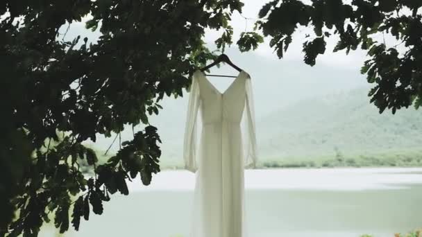 Krásné Designové Svatební Šaty Houpající Vánku Jak Visí Stromě Jezero — Stock video