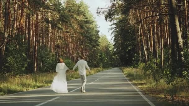 美しい場所での愛の散歩でヒップスターカップルは 手を握り 男と女が抱き合って 絵のように松の森を渡って空の道で一緒に楽しむ 高品質4K映像 スローモーション — ストック動画