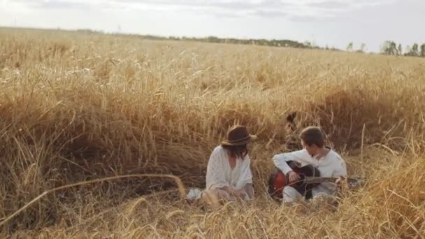 Couple Love Man Woman Playing Dog Field Spikelets Young Loving — Stock Video