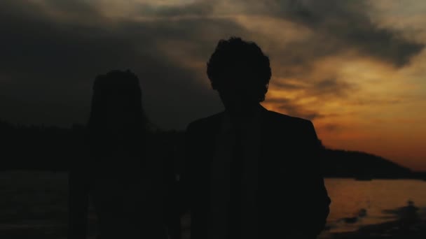 Silhouette Couple Amoureux Tenant Main Marchant Sur Plage Coucher Soleil — Video