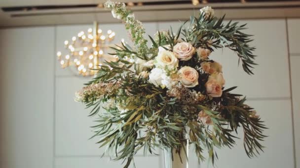 Beautiful Wedding Decor All Decorated Pastel Pink Colors Camera Moving — Vídeo de Stock