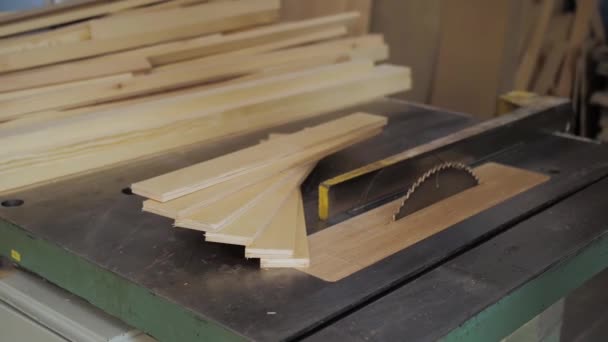 Wooden Boards Furniture Making Handheld Shot Wooden Parts Panels Stack — Stockvideo