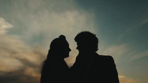 Silhouette Loving Couple Holding Each Other Hands Kissing Beach Sunset — Video