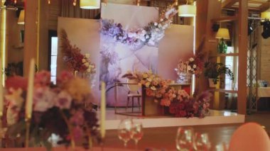 Wedding table decor. In pastel pink colors with golden cutlery. With different natural colors. Luxury wedding, party, birthday. High quality FullHD footage
