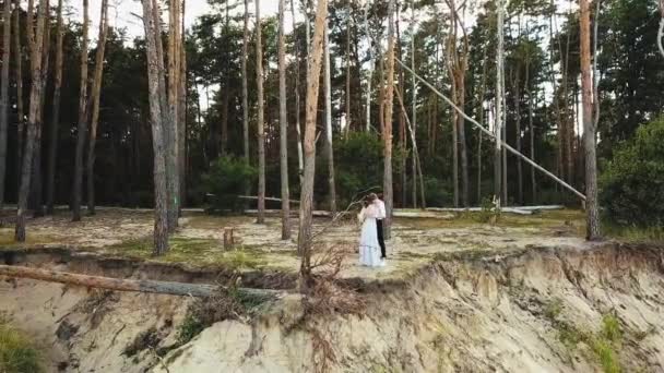 Casal Amor Abraços Borda Uma Vista Aérea Penhasco Casal Fica — Vídeo de Stock