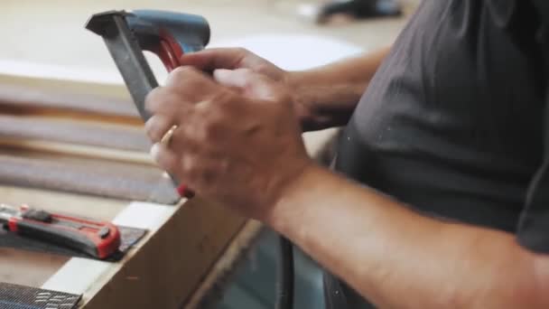 Worker Makes Sofa Furniture Factory Close Male Hands Making Part — Stockvideo