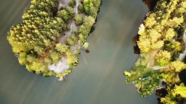 Aerial view of small island with pine trees in the middle of the lake. Close-up shot of island. High quality 4k footage