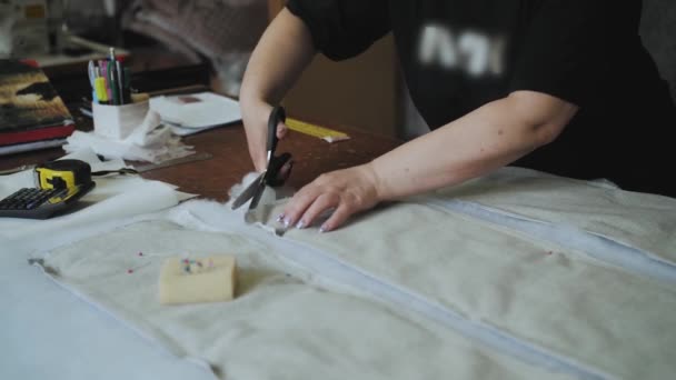 Close Female Hands Cutting Foam Rubber Scissors Production Sofa Furniture — 图库视频影像