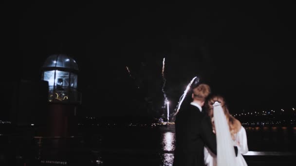 Vedere Din Spate Cuplului Minunat Proaspăt Căsătorit Care Bucură Focuri — Videoclip de stoc