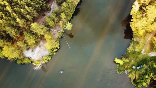 Aerial View Small Island Pine Trees Middle Lake Close Shot — Stockvideo