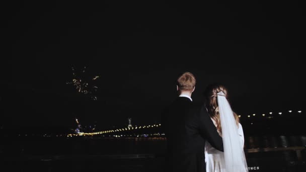 Tylny Widok Uroczej Pary Nowożeńców Cieszących Się Fajerwerkami Wieczornej Ceremonii — Wideo stockowe
