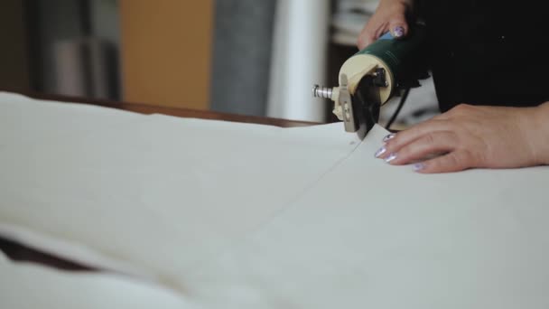 Una Trabajadora Cortando Goma Espuma Para Producción Sofá Una Fábrica — Vídeos de Stock