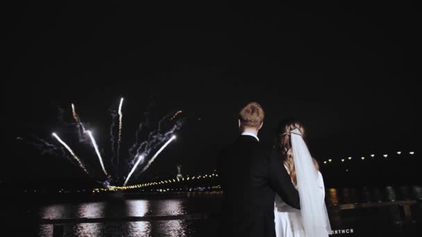 Ззаду Чудова Молода Пара Насолоджується Феєрверком Після Вечірньої Весільної Церемонії — стокове відео