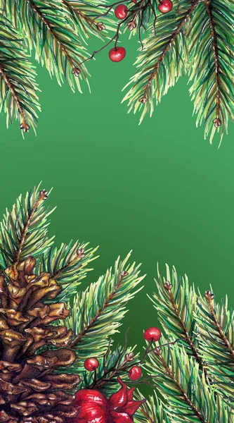 水彩画圣诞佳节作品装饰 冷杉树枝 红浆果 石榴石背景边框边框样品 — 图库照片